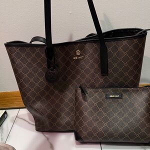 NWOT Nine West Delaine 2-in-1 tote bag in a brown and black monogram pattern